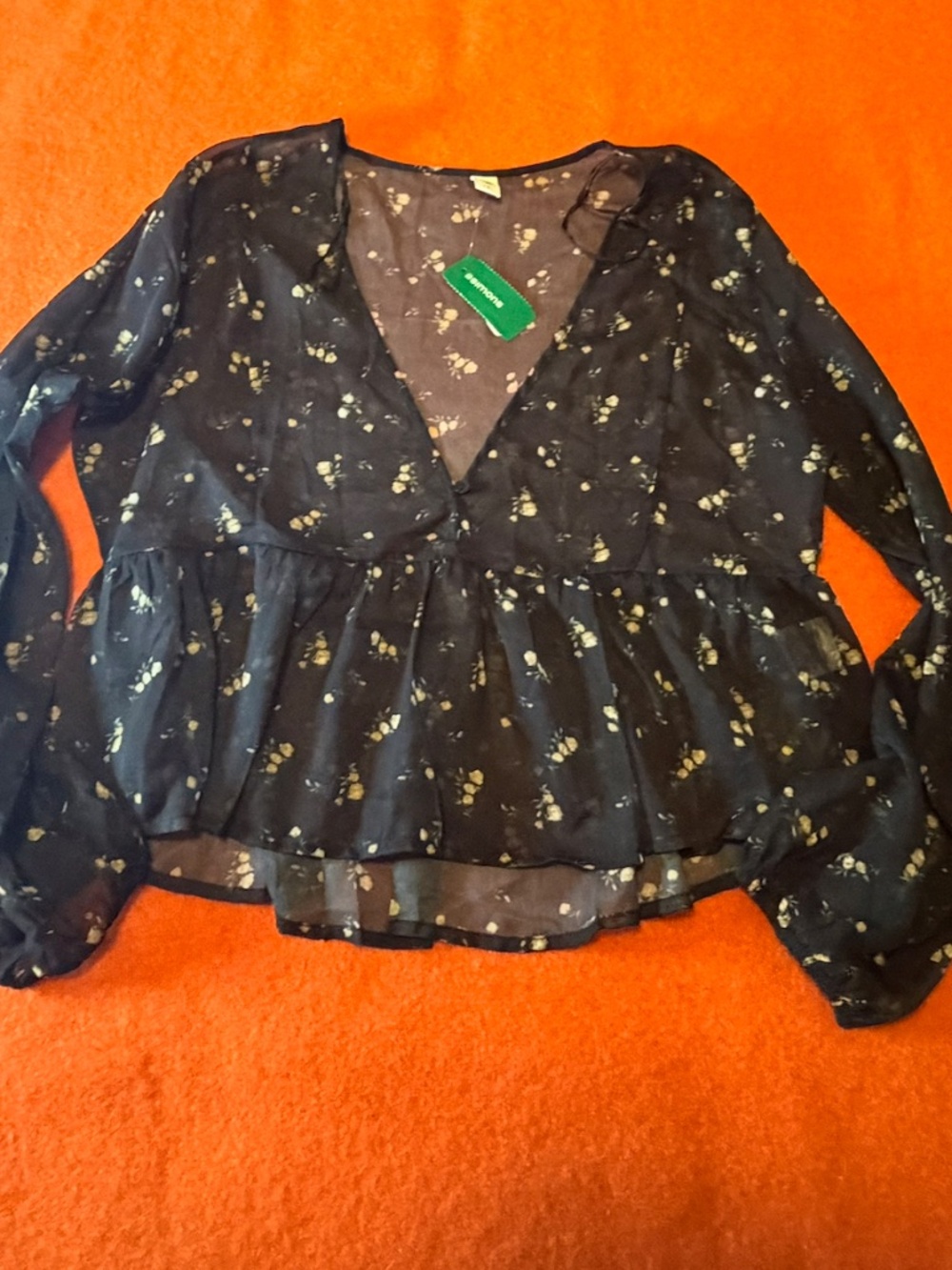 Boho black and ditsy flowers ruffled sheer voile blouse NWT - Picture 3 of 10